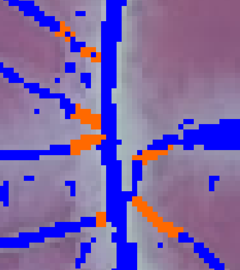 The same labels rejoined, with the new pixels in orange
